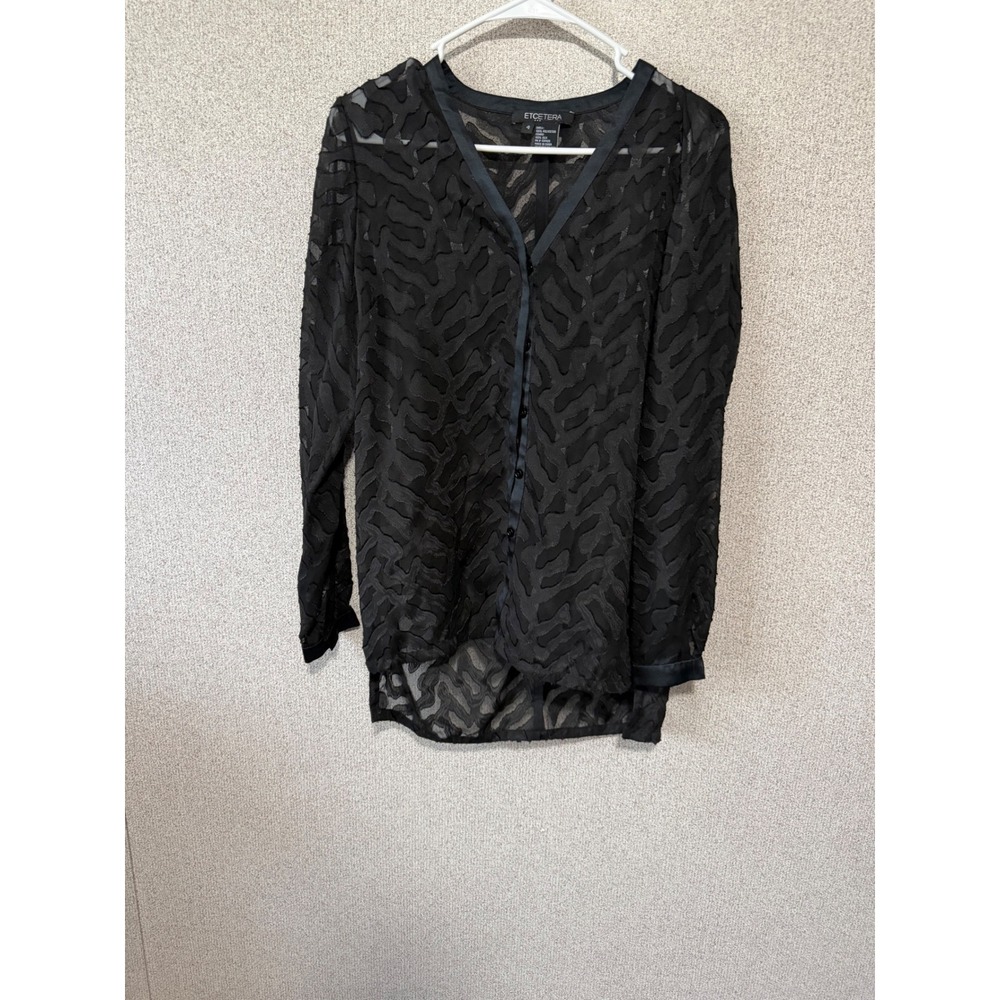 Etcetera Black Sheer Burnout V-Neck Blouse Silk Trim Button Front Top Size 4